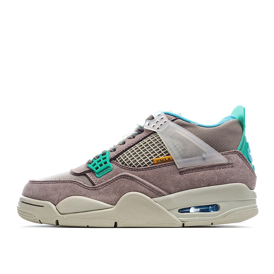 J5 Union x Air Jordan 4“Taupe Haze”AJ4 洛杉矶联名 乔4灰褐色 DJ5718-242整体鞋身以灰褐色为主色调，贝壳状的鞋带扣和后跟处以湖绿色进行点缀，鞋帮处使用天蓝色进行包裹，颜色对比强烈，十分醒目。采用浅灰色网眼和麂皮材质打造，而透明的橡胶元素贯穿鞋身侧面。鞋舌也采用有与初代相同的设计，翻转鞋舌增加了一丝可玩性。