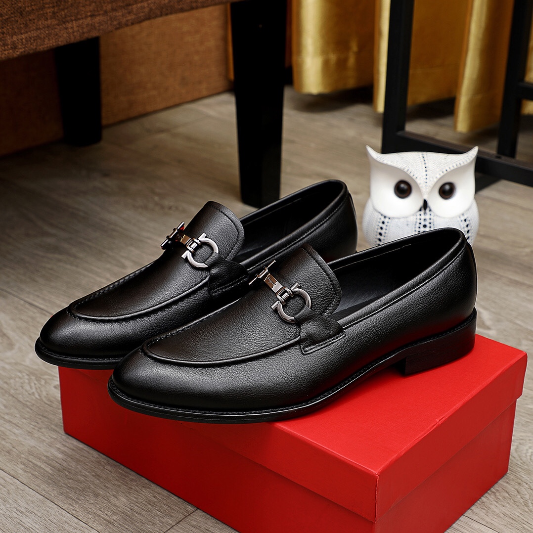 Ferragamo Men's Black Leather Slip-On Loafers with Metal Ornament