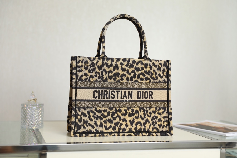 Dior Book Tote Handbags Tote Bags Beige Leopard Print Embroidery