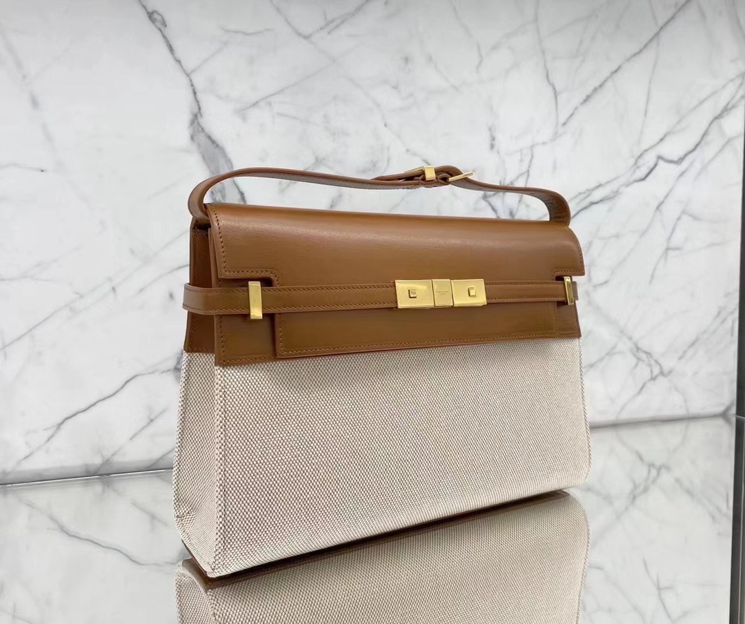 Ysl 𝑴𝒂𝒏𝒉𝒂𝒕𝒕𝒂𝒏 29CM曼哈顿法棍包 579271棕皮配杏色帆布金扣