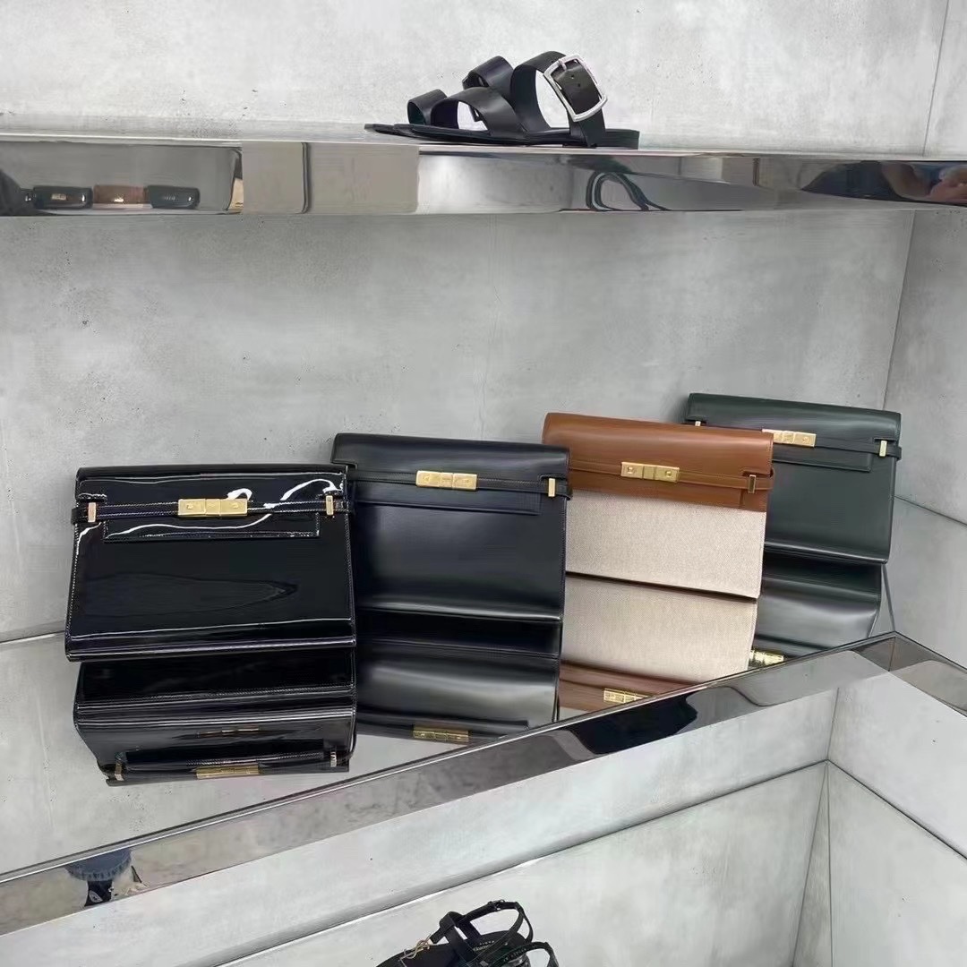 Ysl 𝑴𝒂𝒏𝒉𝒂𝒕𝒕𝒂𝒏 29CM曼哈顿法棍包 579271棕皮配杏色帆布金扣