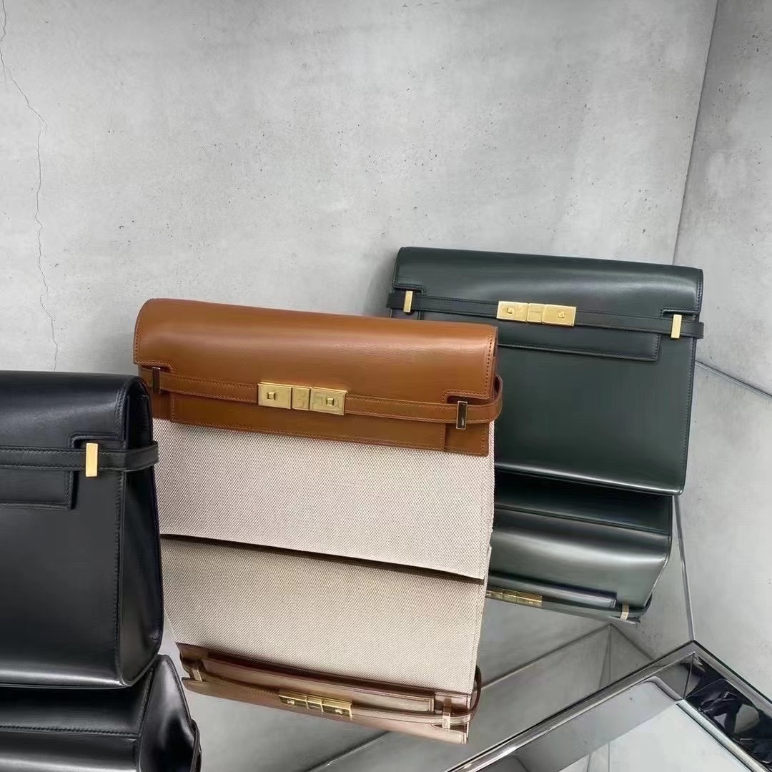 Ysl 𝑴𝒂𝒏𝒉𝒂𝒕𝒕𝒂𝒏 29CM曼哈顿法棍包 579271棕皮配杏色帆布金扣