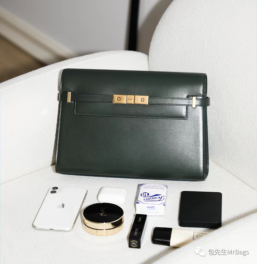 Ysl 𝑴𝒂𝒏𝒉𝒂𝒕𝒕𝒂𝒏 29CM曼哈顿法棍包 579271暗绿色牙签纹金扣