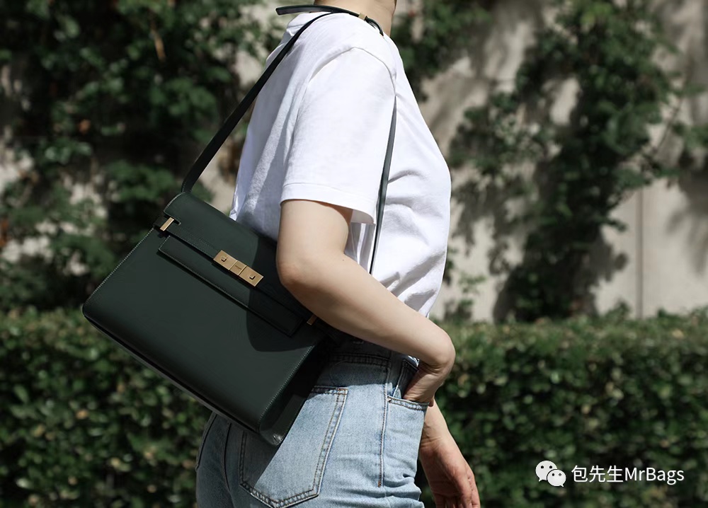 Ysl 𝑴𝒂𝒏𝒉𝒂𝒕𝒕𝒂𝒏 29CM曼哈顿法棍包 579271暗绿色牙签纹金扣