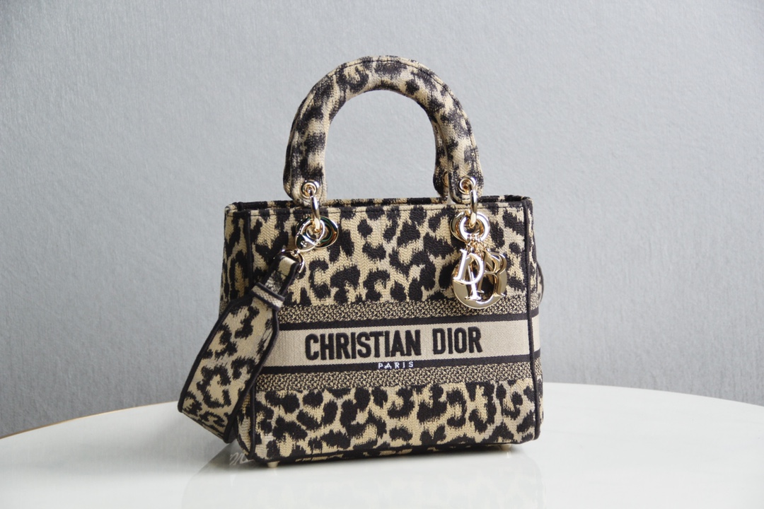 Dior Lady Handbags Crossbody & Shoulder Bags Gold Leopard Print Embroidery Canvas