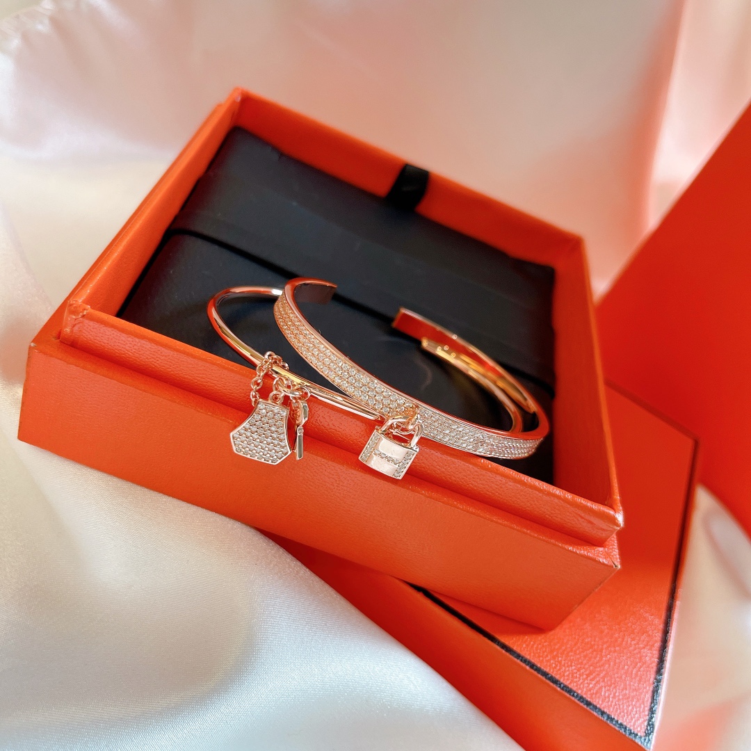 Hermes Jewelry Bracelet Rose Gold Set With Diamonds 925 Silver