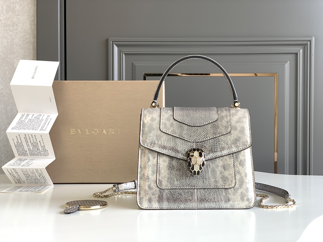 BVLGARI宝格丽"Sprpenti Forever "乳蛋白石色金属质感水蛇皮手提包38329