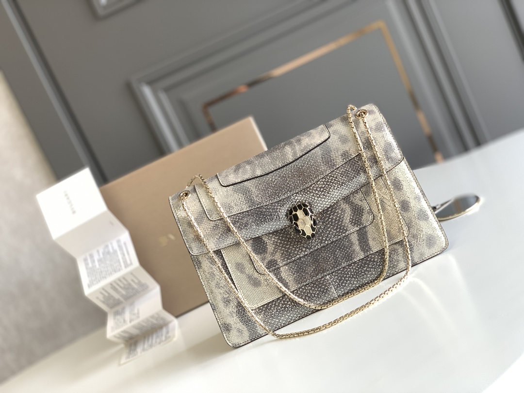 BVLGARI宝格丽"Sprpenti Forever "乳蛋白石色金属质感水蛇皮肩背包38326