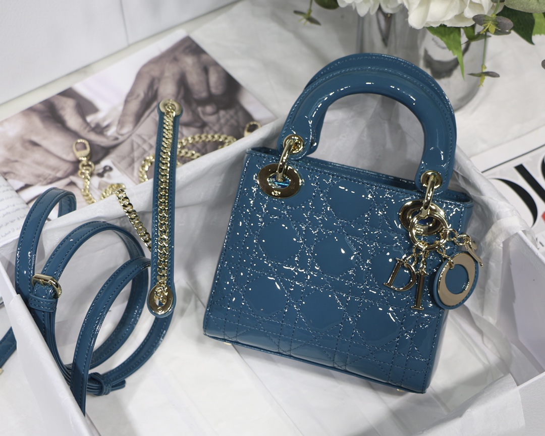Lady Dior Bag Deep Sea Blue Patent Leather Mini Handbag Dual Chain Strap