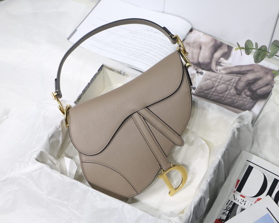 DIOR Large Warm Taupe Grained Calfskin Saddle Bag