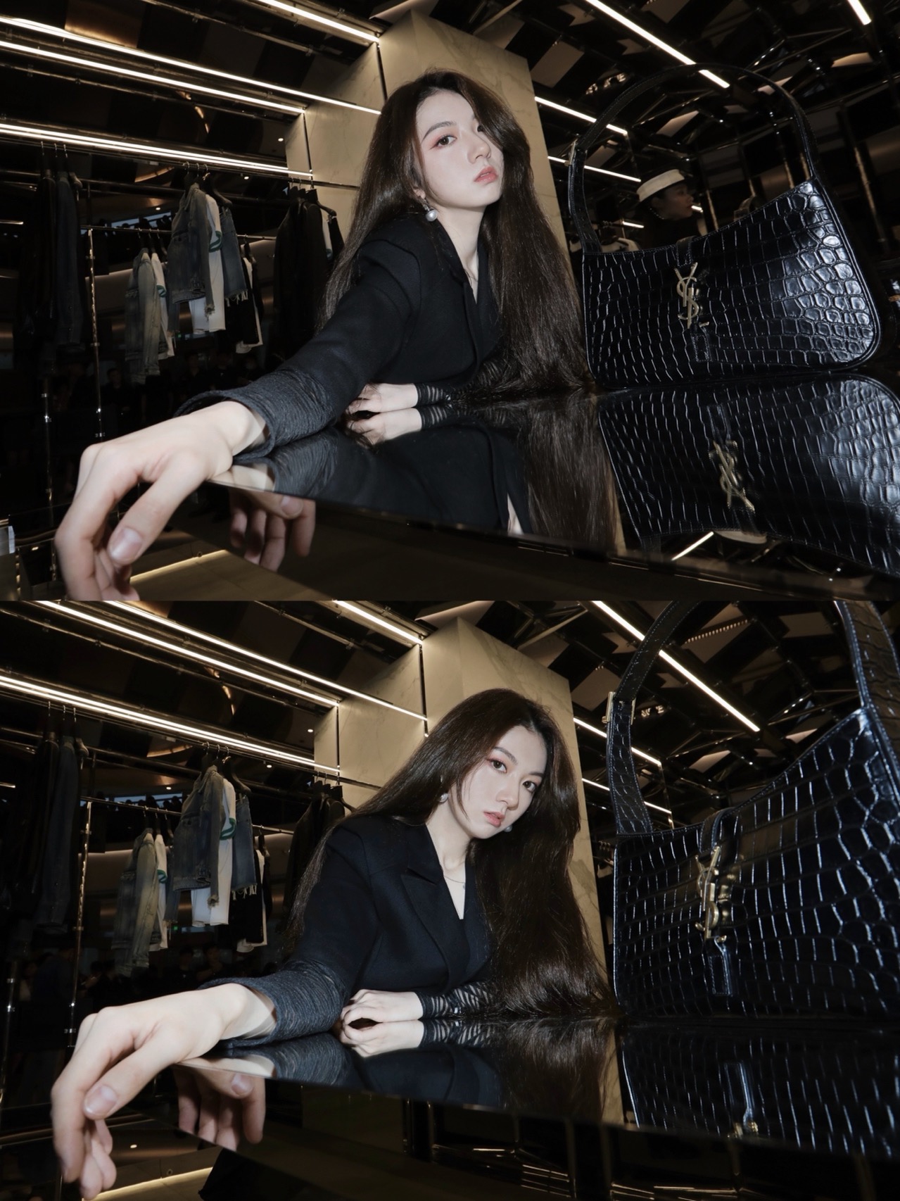 Saint laurent Ysl LE 5 À 7 鳄鱼纹腋下包 657228黑色