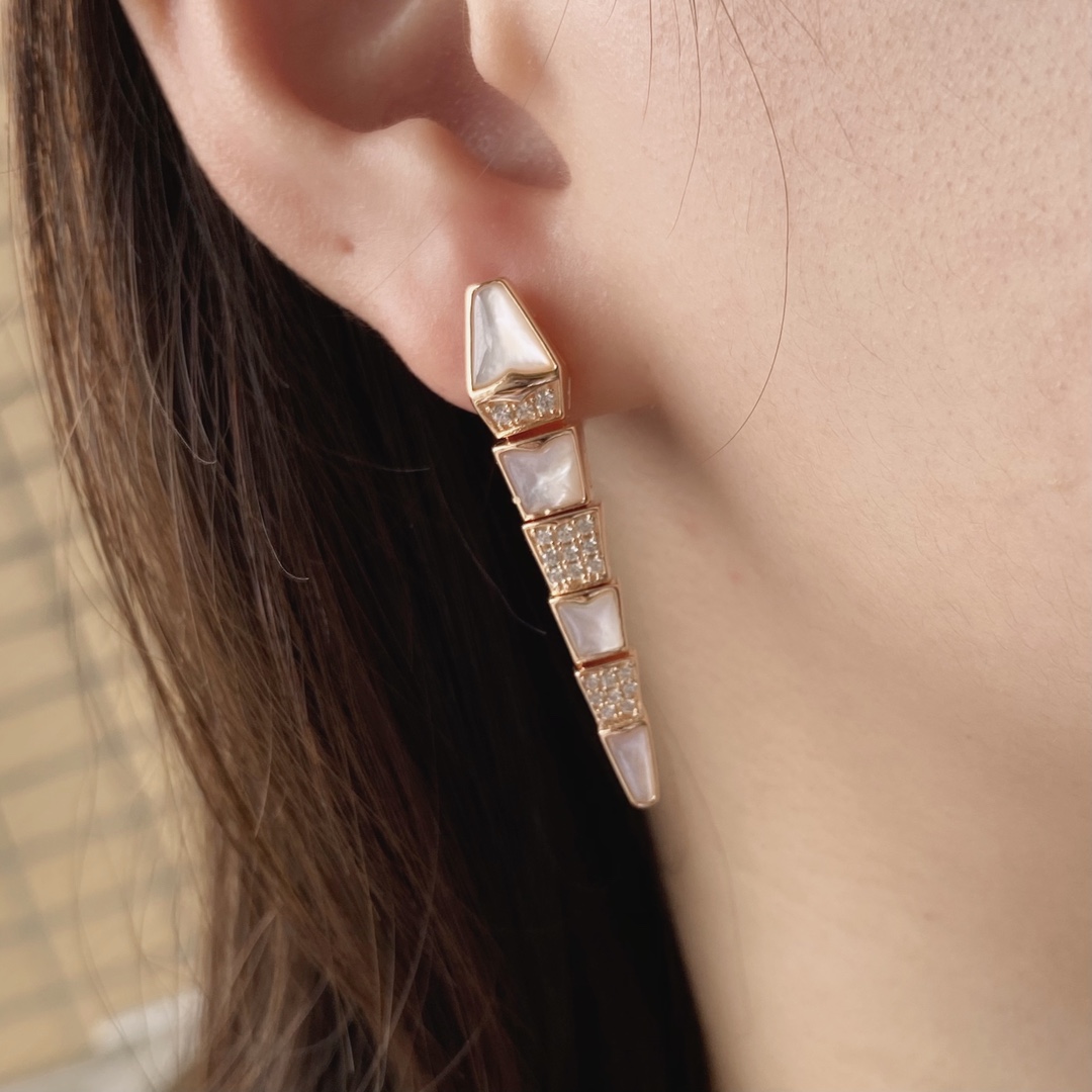 Bvlgari Earrings 925 Sterling Silver Gold-Plated Serpentine Shell Diamond