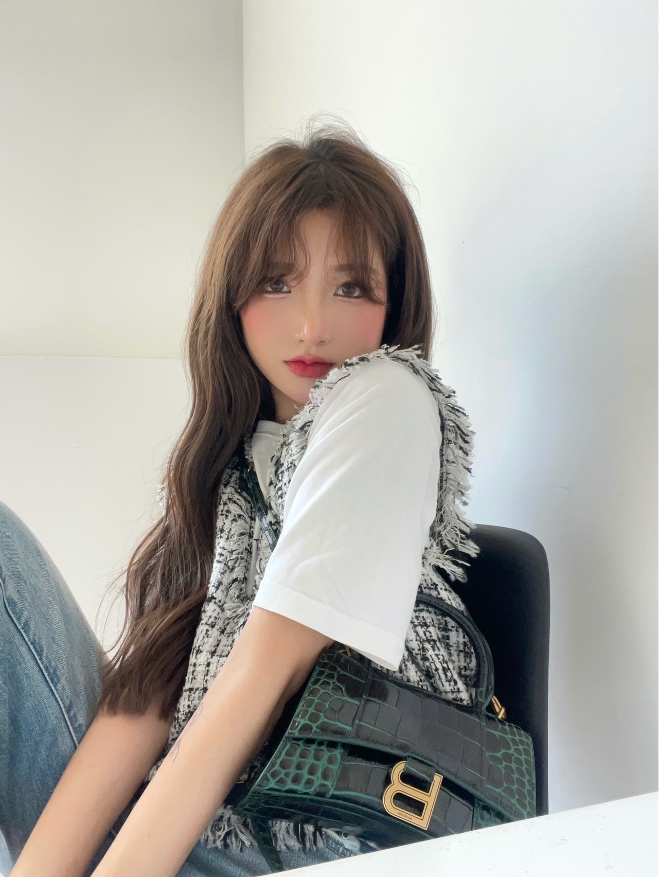 Balenciaga Hourglass XS 19CM BAG 鳄鱼纹沙漏包 592833墨绿/金扣