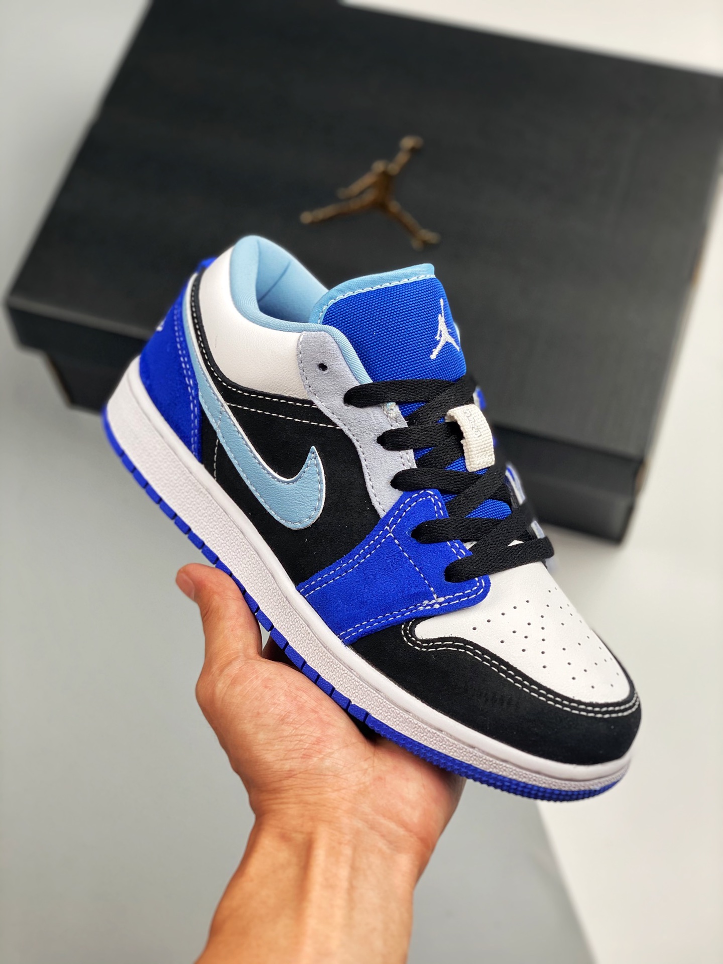Air Jordan 1 Low blanco, negro y azul, color oficial sincronizado, producto de nivel original, zapatos originales de la…