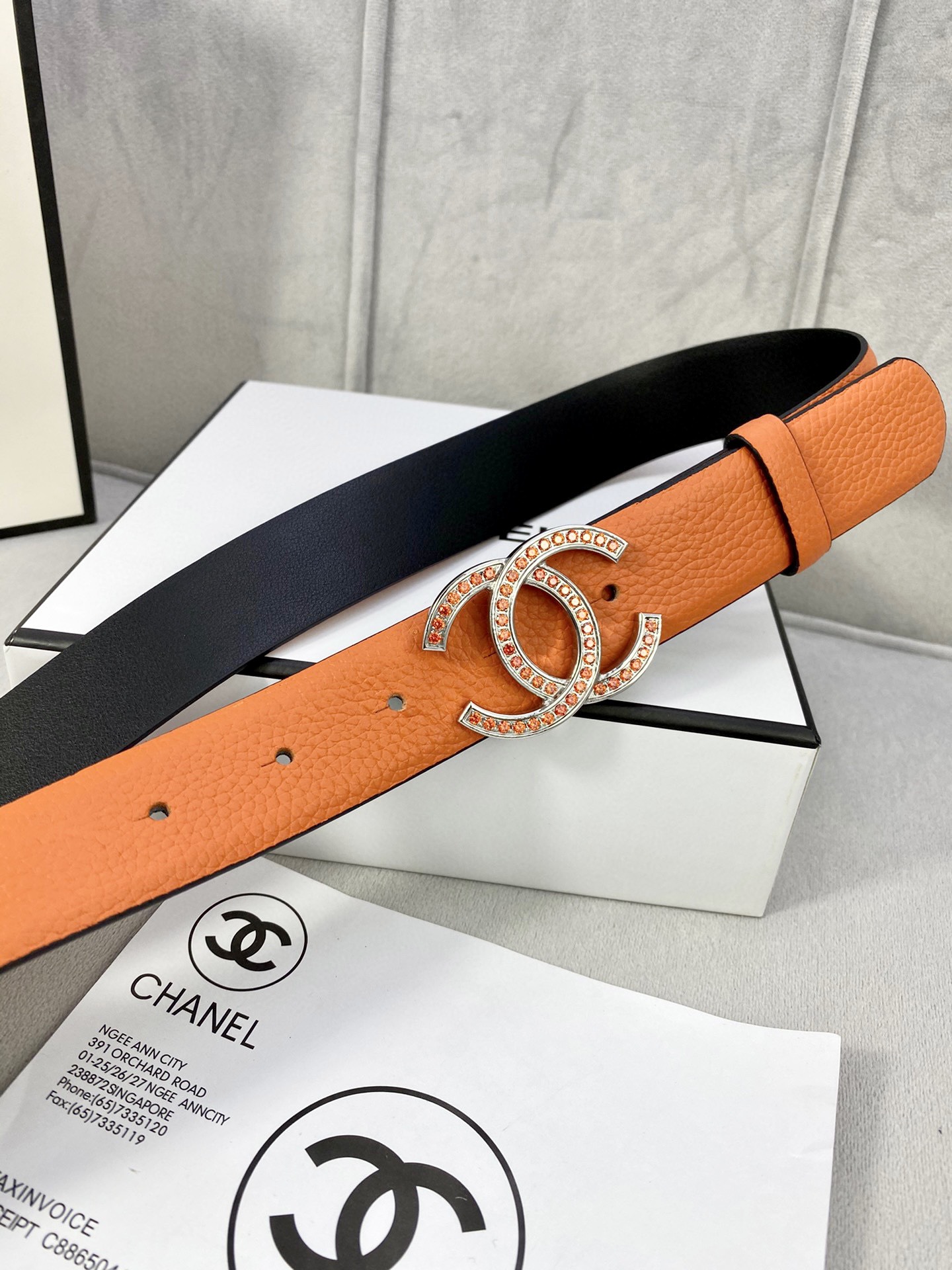 Chanel 荔枝纹牛皮金银色镶钻钢扣 3.0cm幅