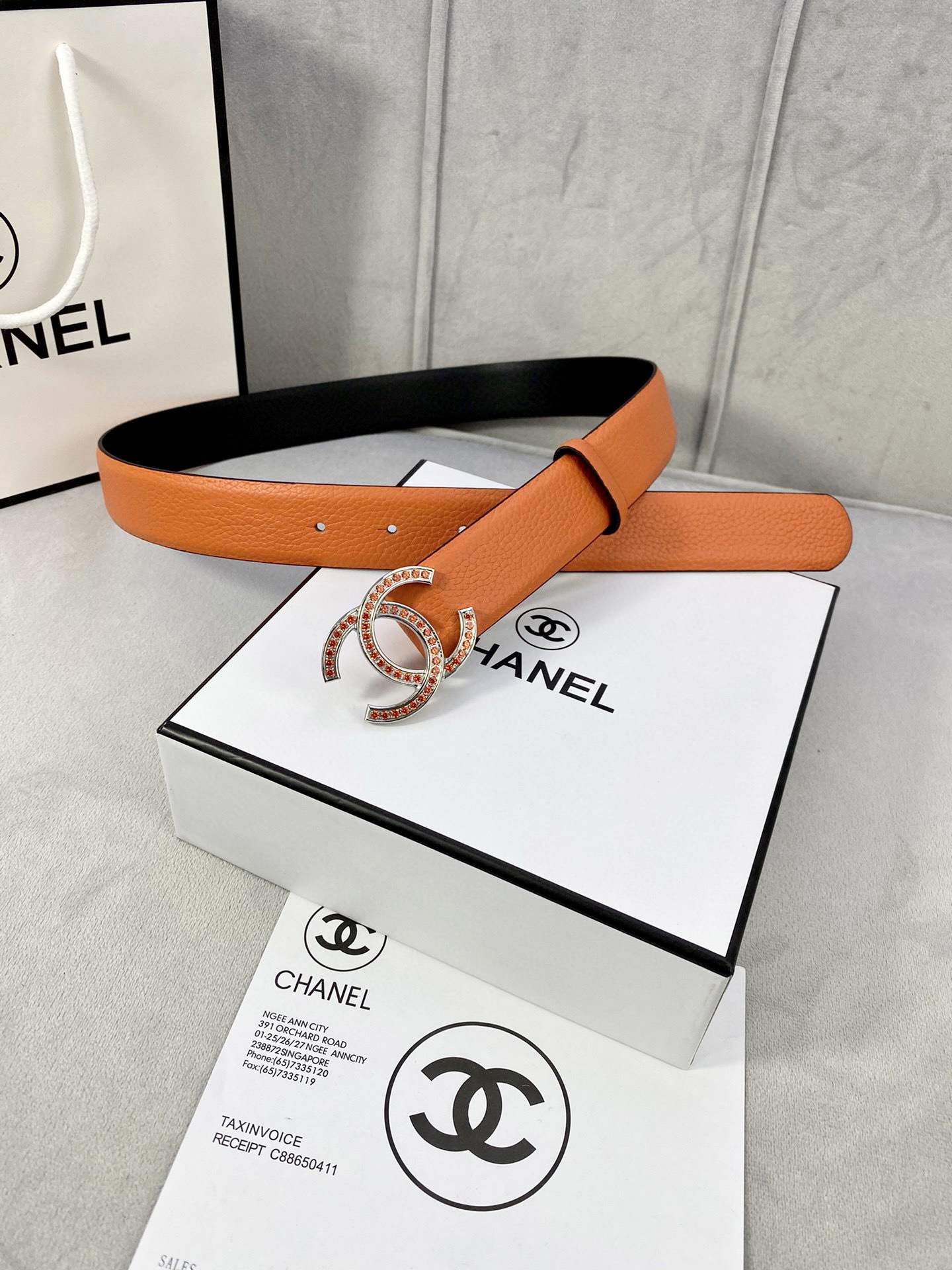 Chanel 荔枝纹牛皮金银色镶钻钢扣 3.0cm幅