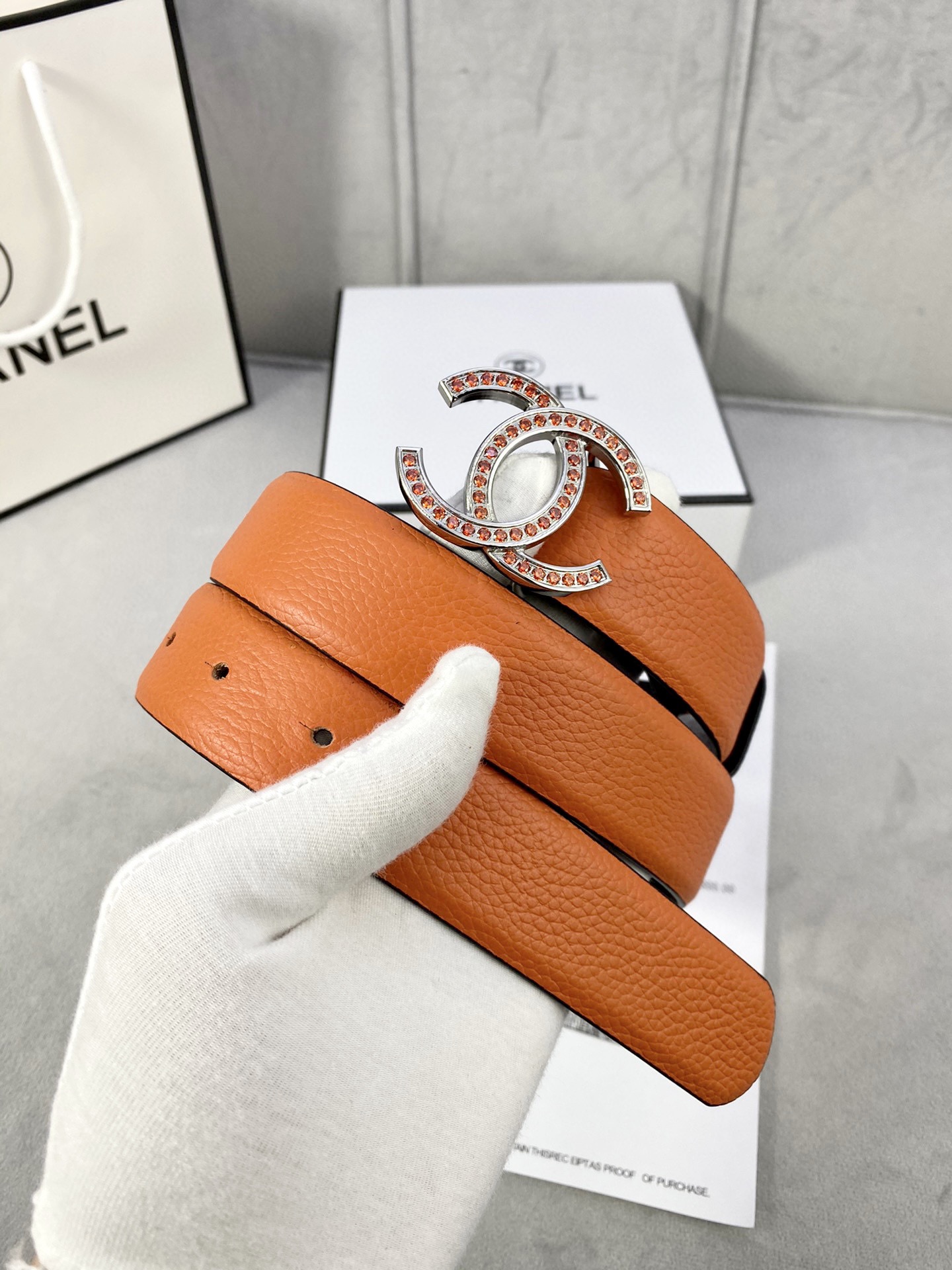 Chanel 荔枝纹牛皮金银色镶钻钢扣 3.0cm幅