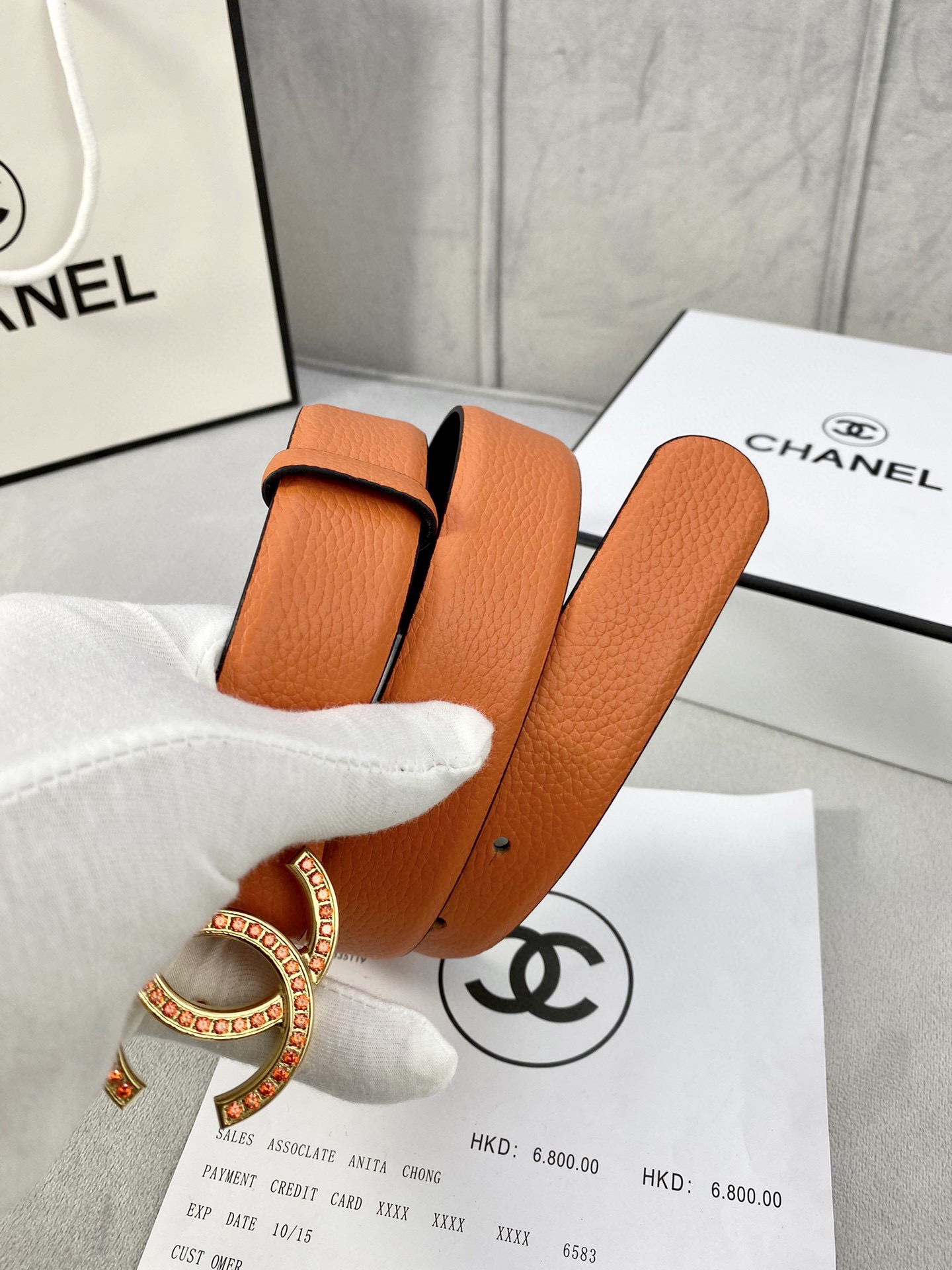 Chanel 荔枝纹牛皮金银色镶钻钢扣 3.0cm幅