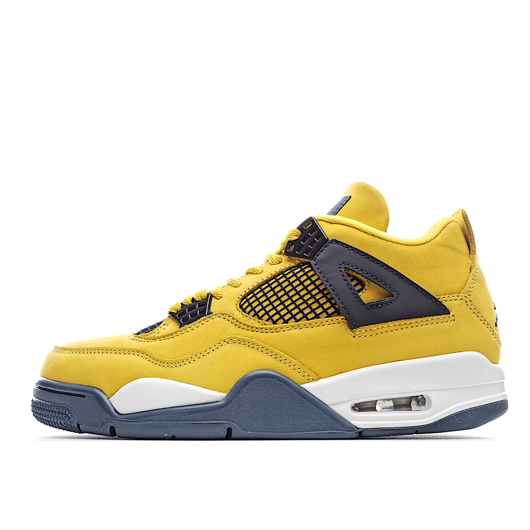 J5 Air Jordan 4“ Lightning“ AJ4 乔4复刻白黄电母 CT8527- F5 0整体鞋身使用亮黄色打造，鞋身两侧以及外底使用黑灰色进行搭配，视觉效果满满。鞋面以牛巴革材质呈现，原汁原味还原了 OG 的感觉。全新设计的鞋盒，盒盖使用亮黄色，盒子身采用灰色泼墨设计，与鞋子相呼应完善整体设计。预计8月份发售，可抢先上脚