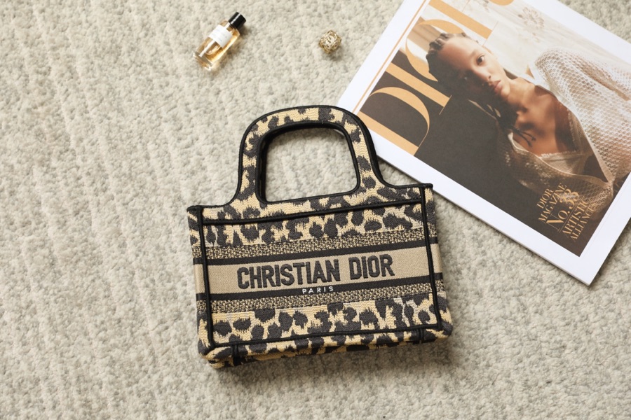 Dior Book Tote Handbags Tote Bags Beige Leopard Print Embroidery Mini