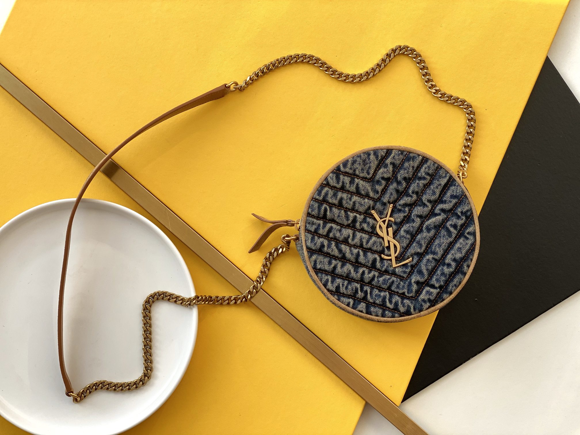 Round Cake Bag Denim Frosted Leather Shoulder Strap Chain