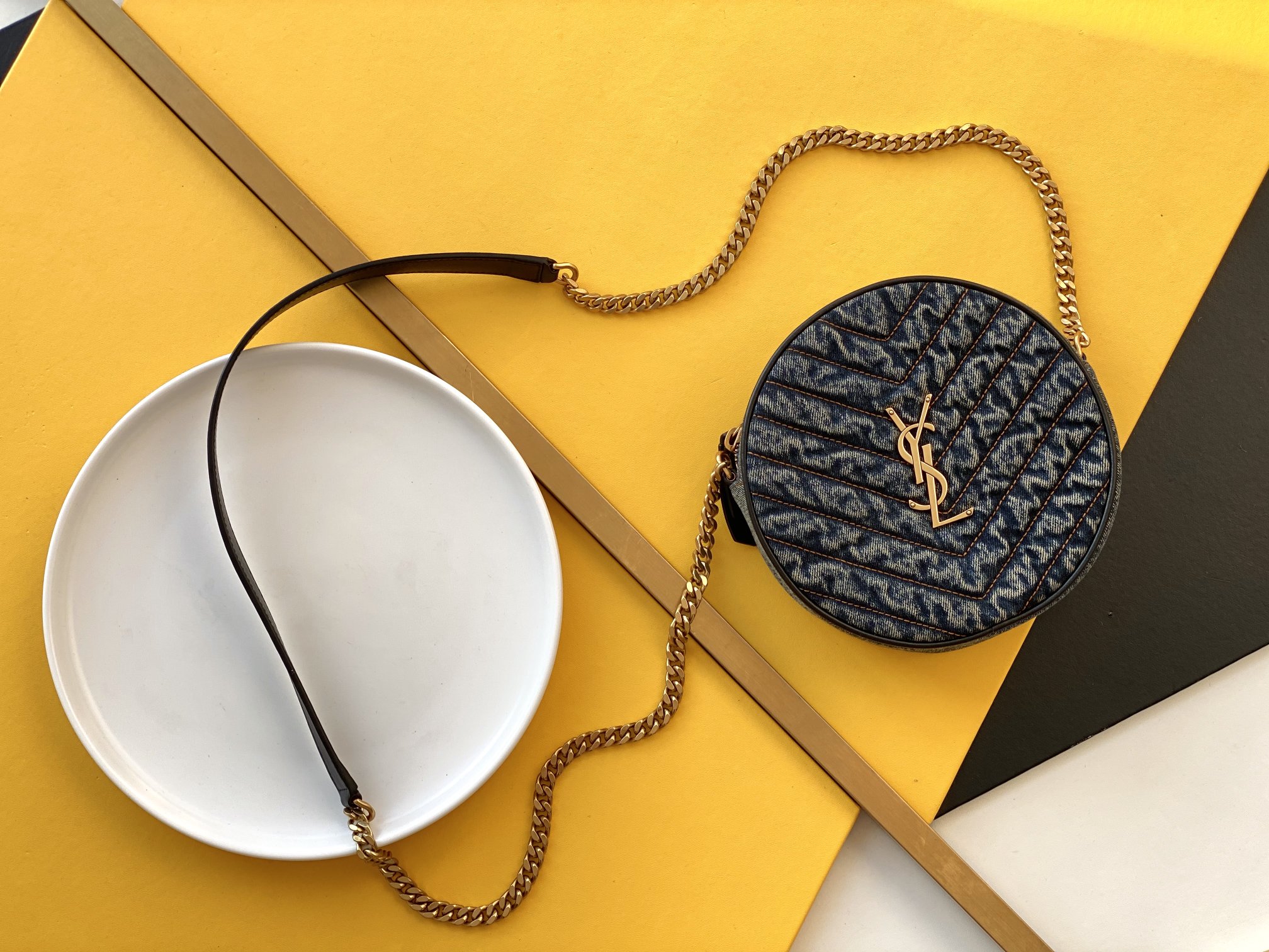 Denim Round Cake Bag with Frosted Leather Shoulder Strap