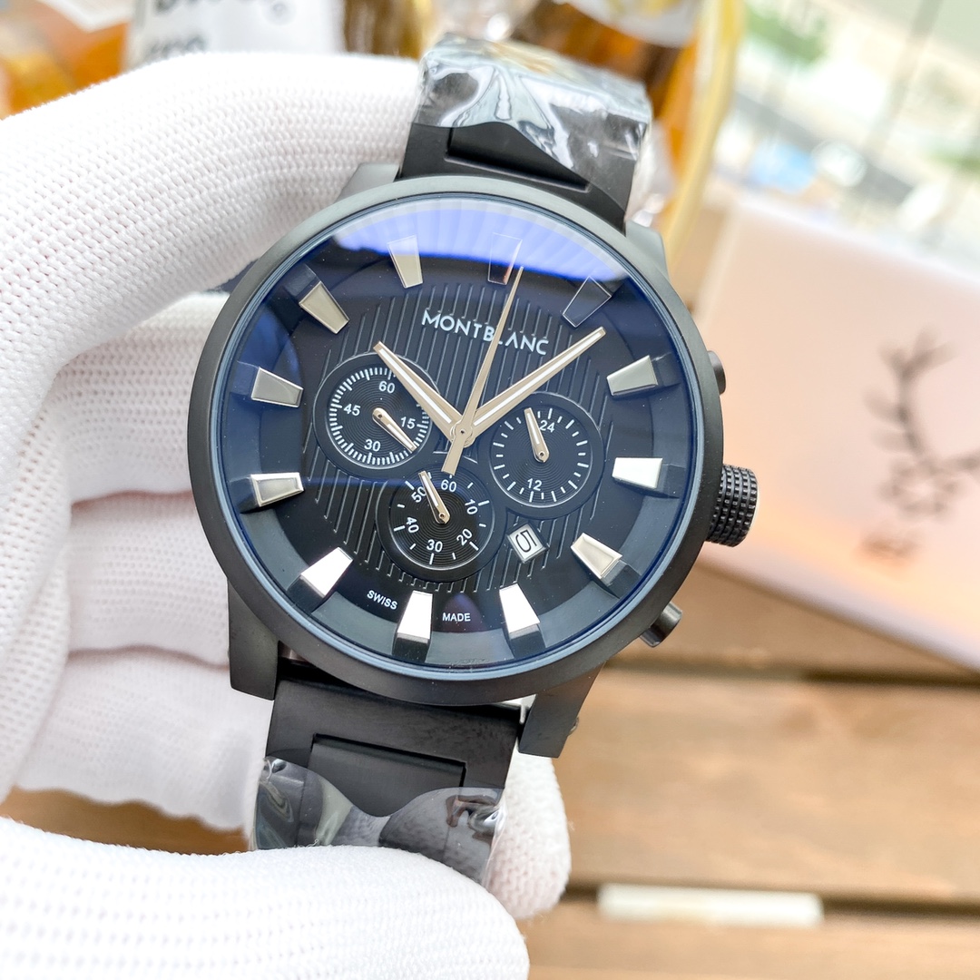 Montblanc Multifunctional Leather Shell Wristwatch with Steel Belt and Precise Design