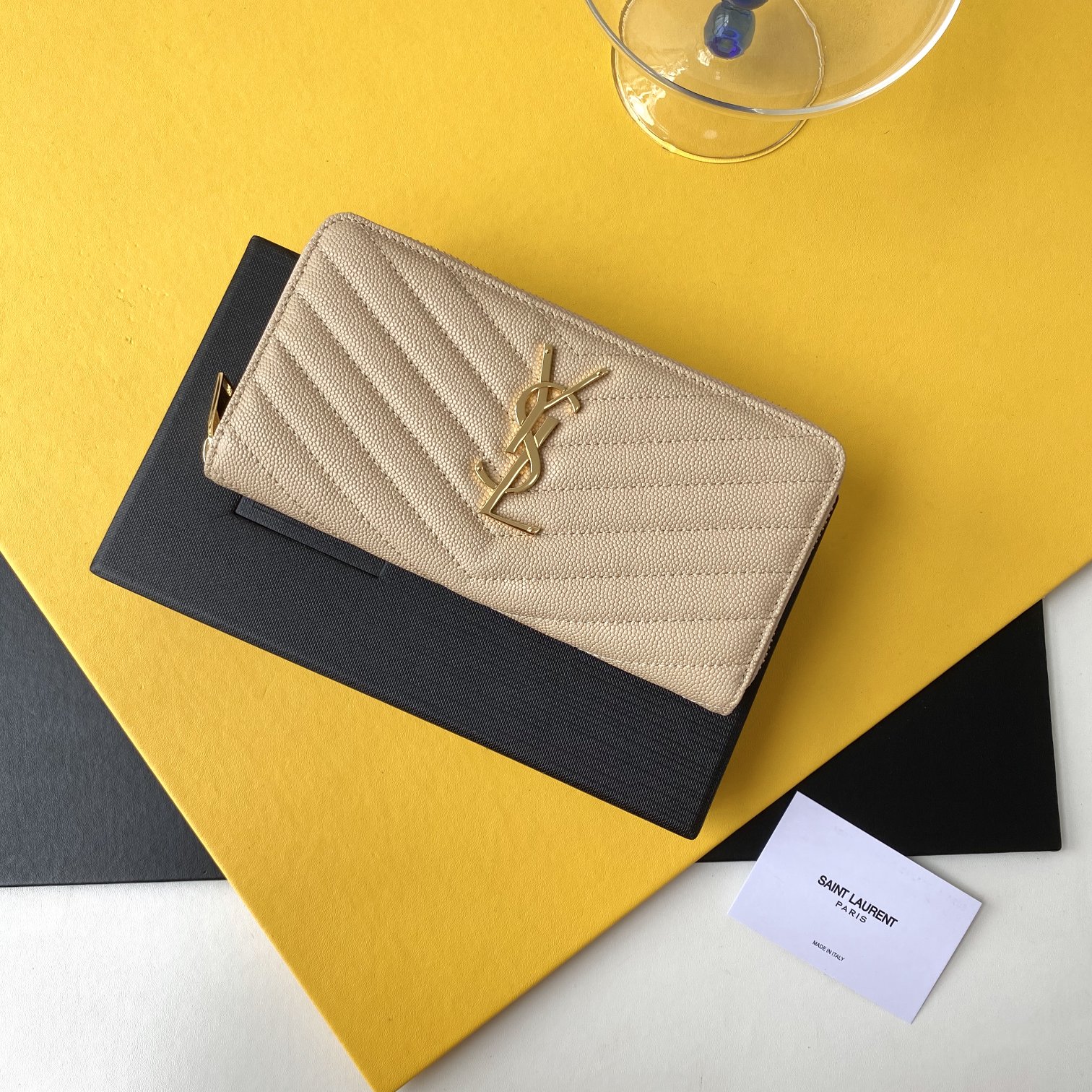 YSL Wallet V-line Single Zipper Checkered Pattern Apricot with Gold Buckle