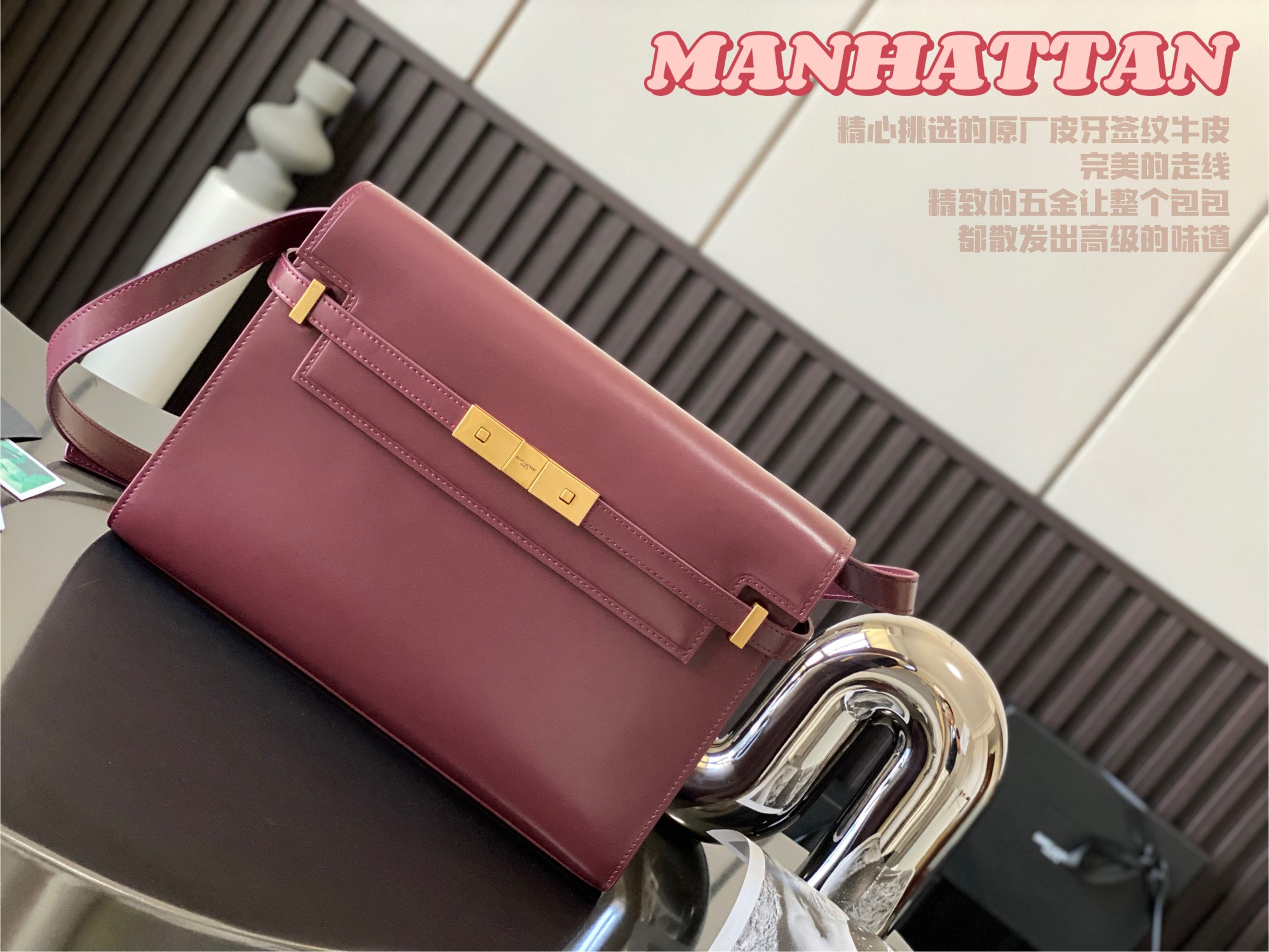 Manhattan Flap Baguette Bag Calfskin with Grain Texture Shoulder Crossbody