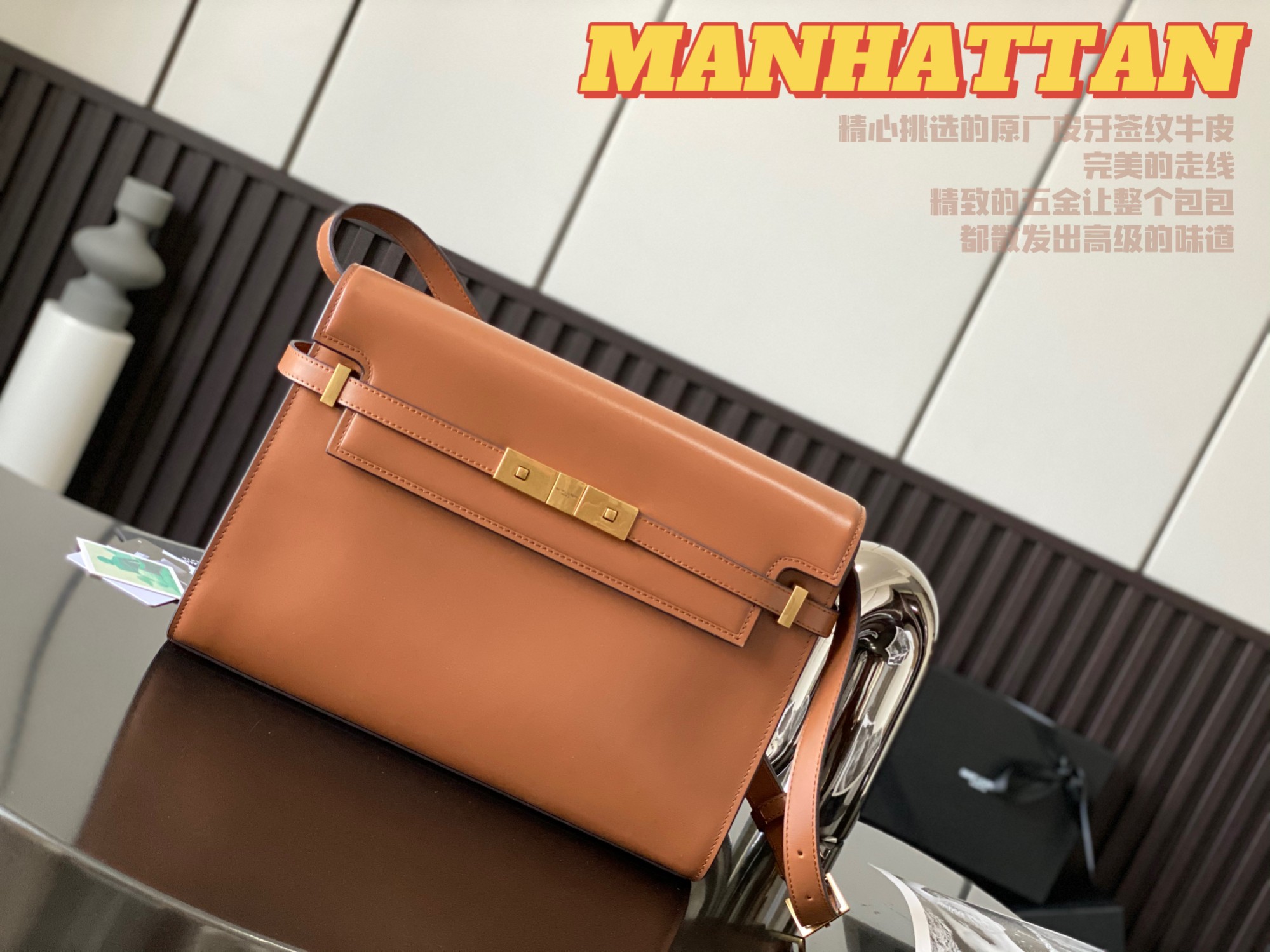 Manhattan Flap Baguette Bag Calf Leather with Grain Texture Clutch Shoulder Crossbody