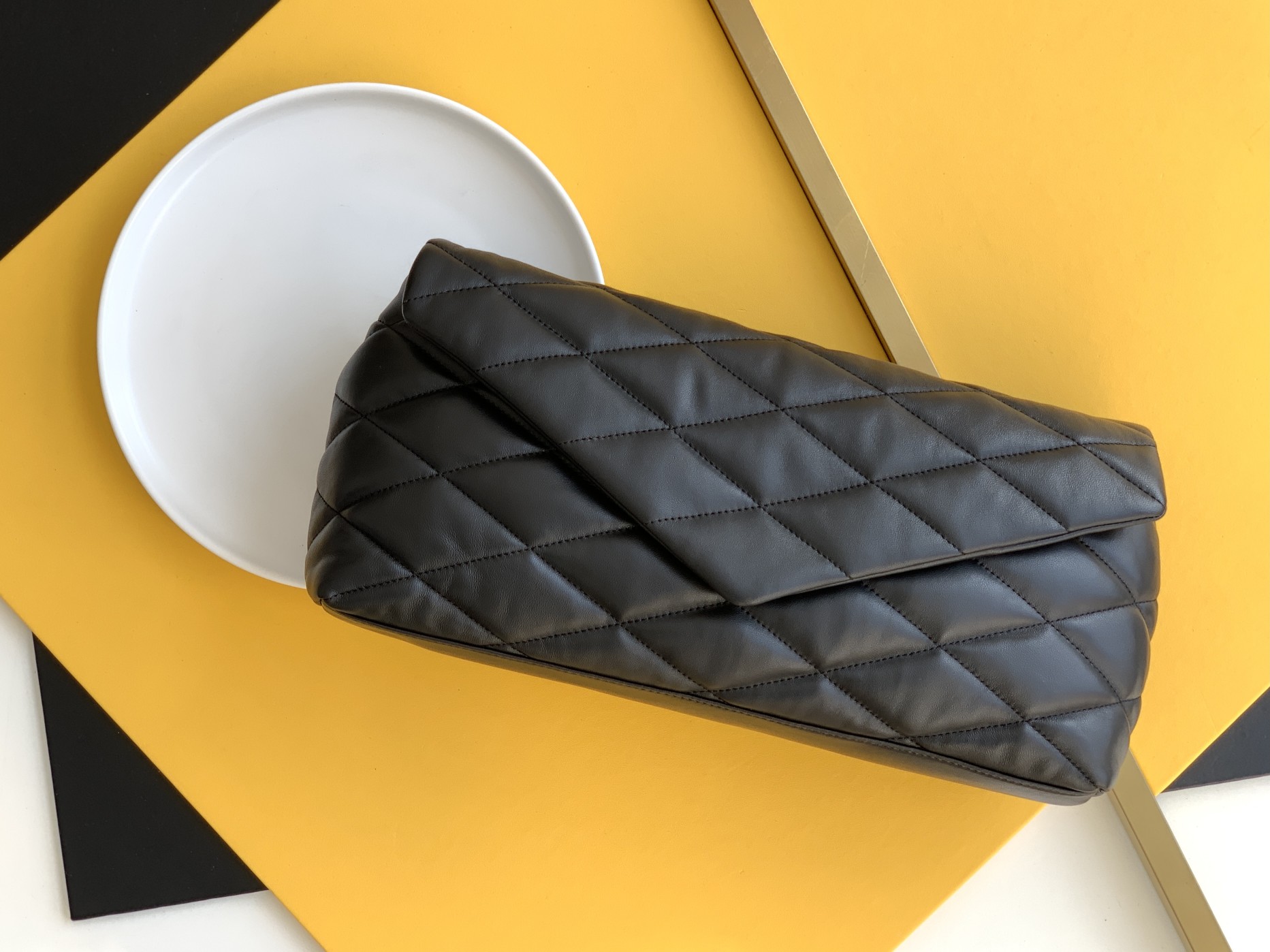 Lambskin Envelope Clutch Square Quilted Magnetic Closure Metal Letter