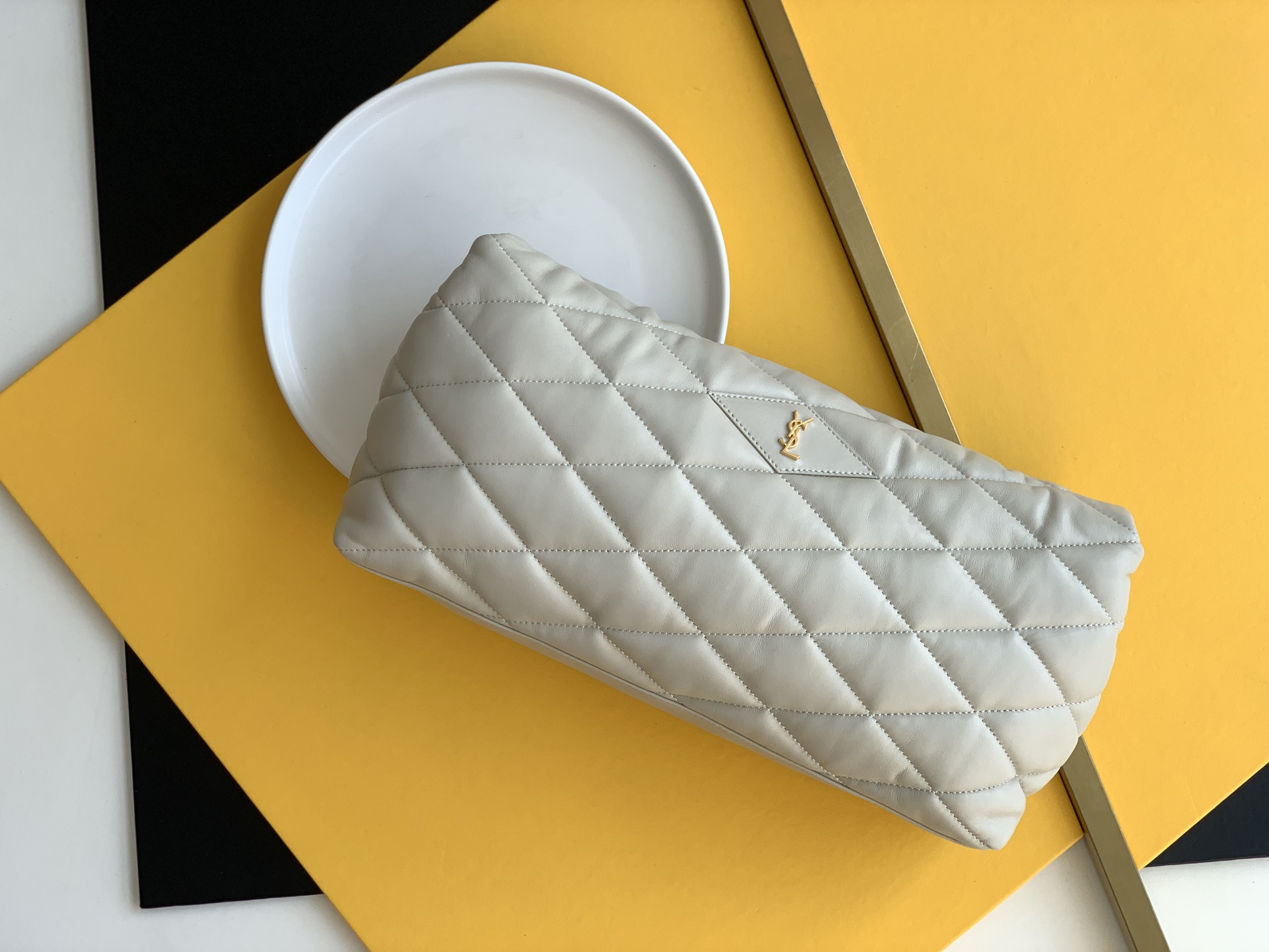 Lambskin square quilted envelope clutch metal letter logo magnetic snap