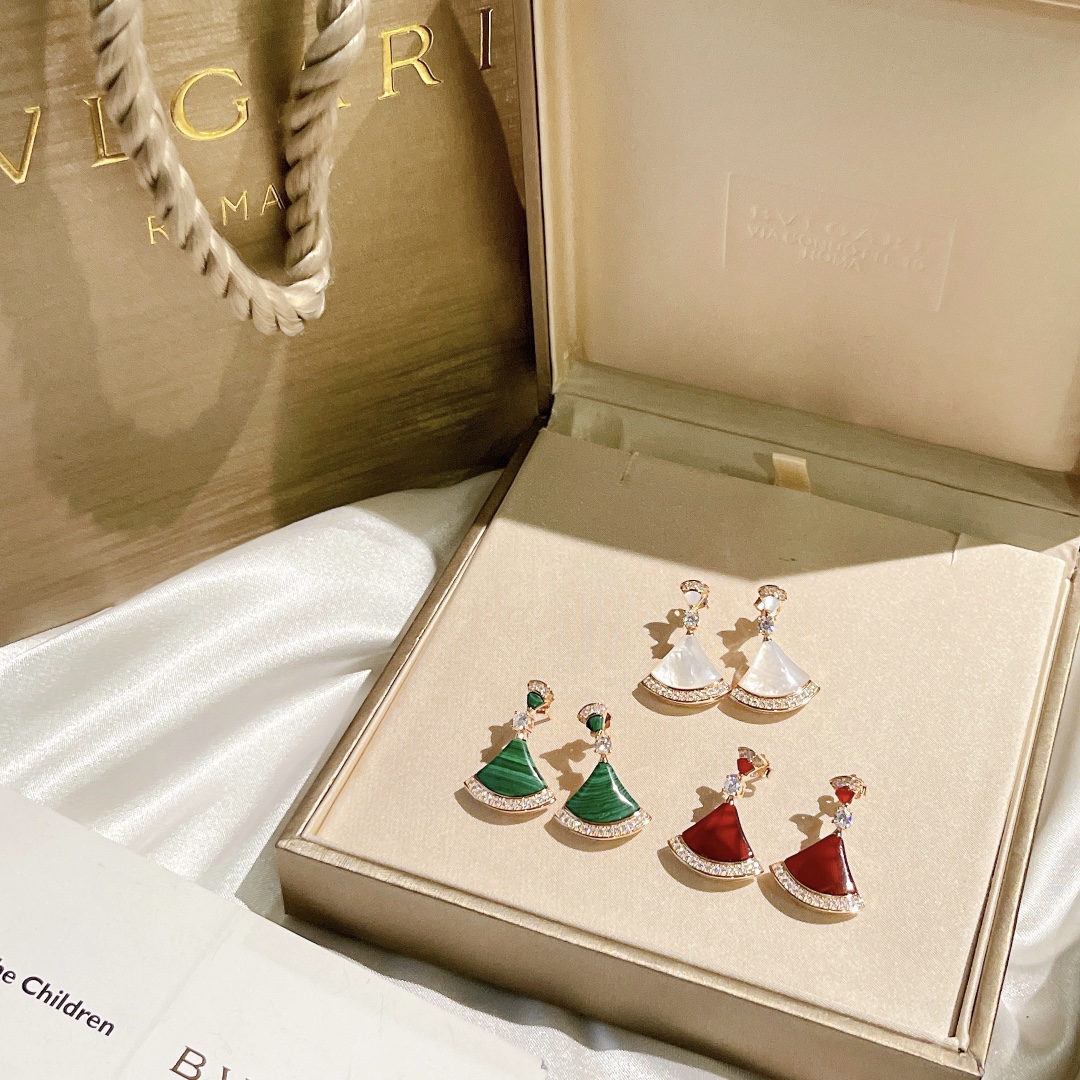 Bvlgari Earrings 925 Sterling Silver Fan-shaped Peacock Green Red Agate White Shell
