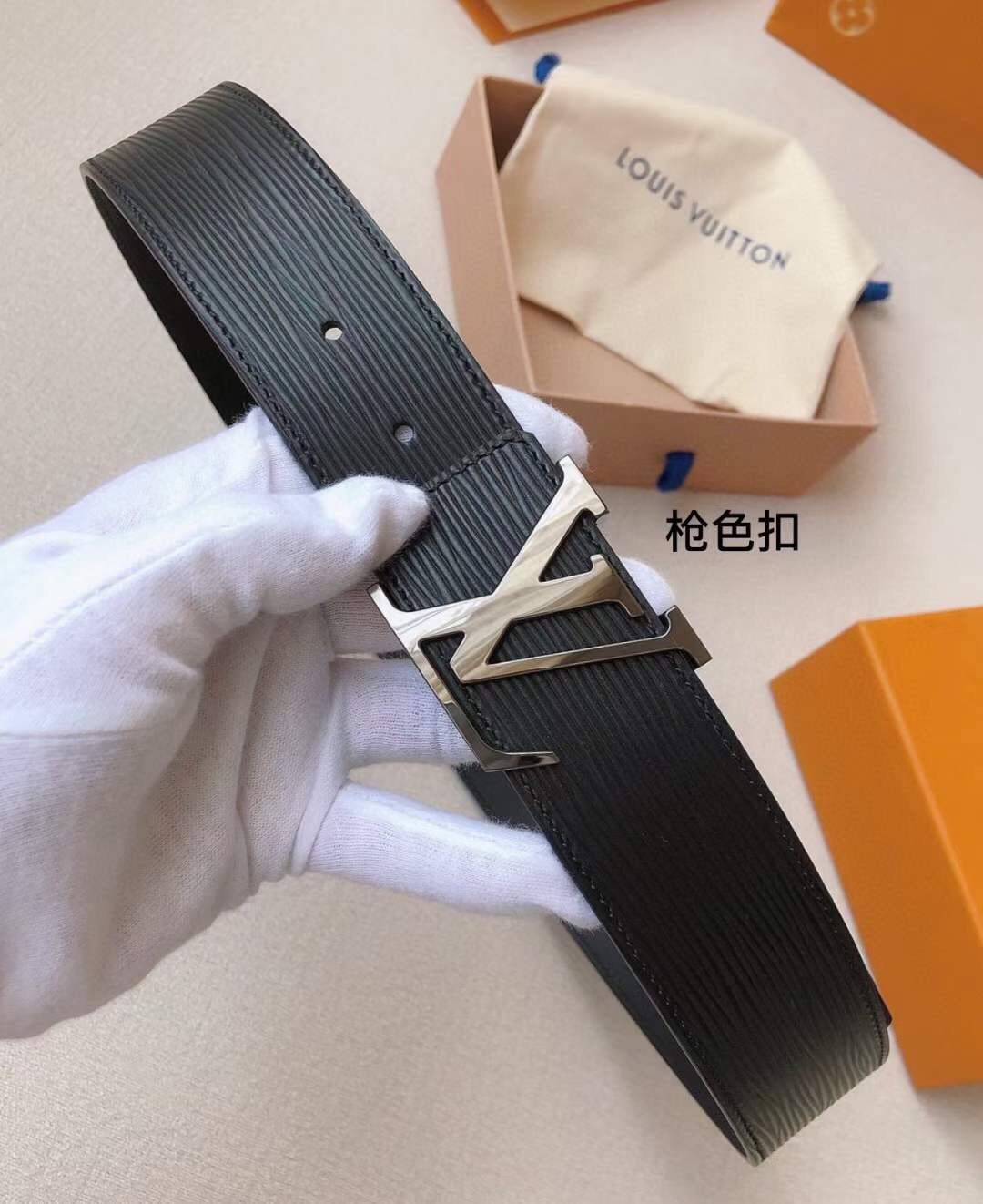 配全套包装LV原单腰带黑色小牛皮水波