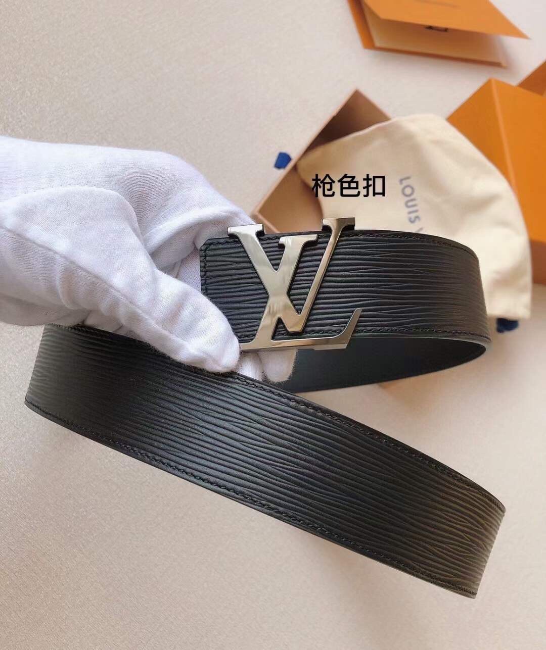 配全套包装LV原单腰带黑色小牛皮水波