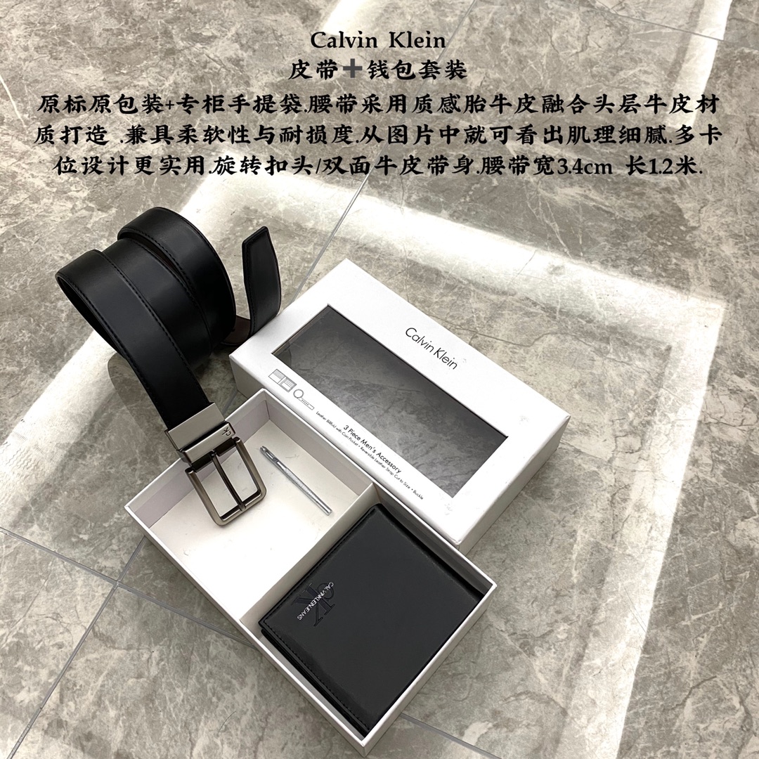Calvin Klein 皮带➕钱包套装🅿️130 腰带采用质感胎牛皮融合头层牛皮材质打造.兼具柔软性与耐损度.从图片中就可看出肌理细腻.多卡位设计更实用.旋转扣头/双面牛皮带身. 腰带宽3.4cm 长1.2米.