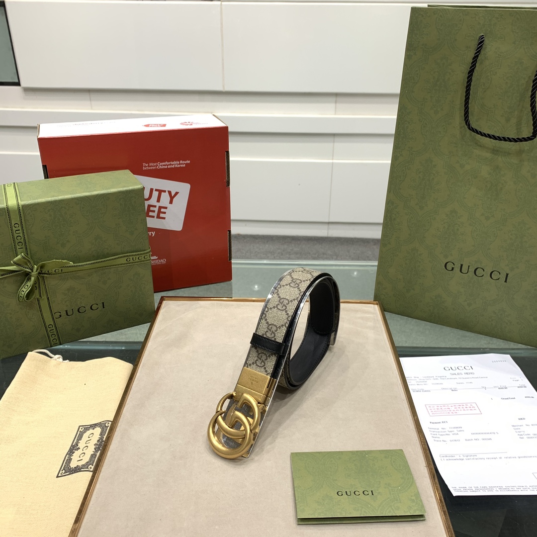 ✨GUCCI✨独家免税店渠道货旋转铜扣配进口原厂小牛皮双面佩戴手工绘边大气奢华免税镭射标配全套免税店包装⚜️VIP尊享尺寸：宽3.7cm3.0cm2.0cm