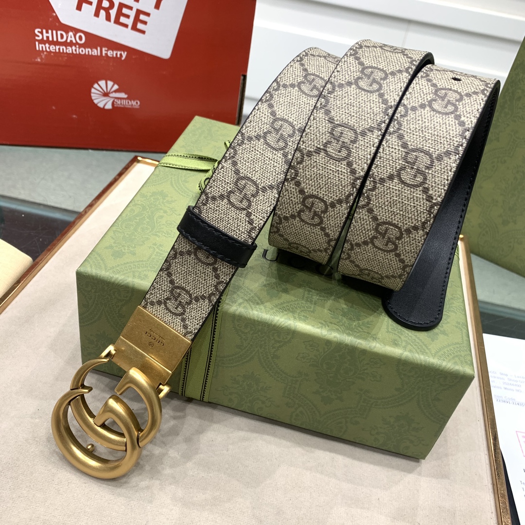 ✨GUCCI✨独家免税店渠道货旋转铜扣配进口原厂小牛皮双面佩戴手工绘边大气奢华免税镭射标配全套免税店包装⚜️VIP尊享尺寸：宽3.7cm3.0cm2.0cm