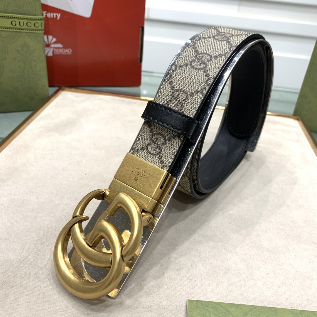 ✨GUCCI✨独家免税店渠道货旋转铜扣配进口原厂小牛皮双面佩戴手工绘边大气奢华免税镭射标配全套免税店包装⚜️VIP尊享尺寸：宽3.7cm3.0cm2.0cm