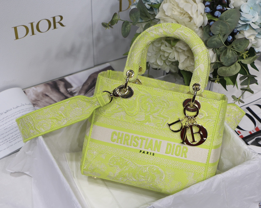 DIOR Lady D Embroidered Fabric Handbag with Wide Shoulder Strap