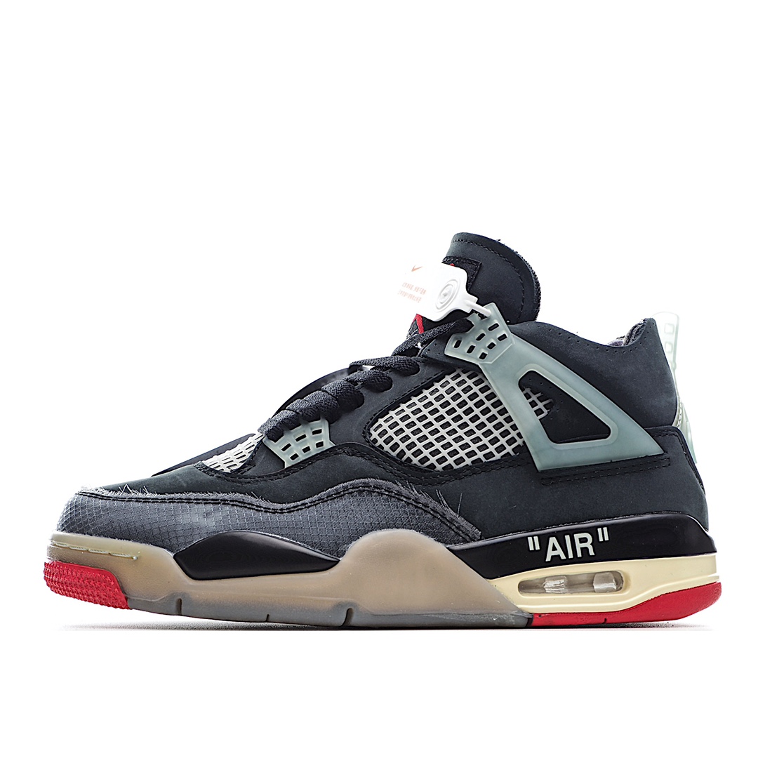 H0 Off-White x Air Jordan AJ4 Retro’Cream/Sail’“OW联名蝉翼黑灰红”鞋款采用黑灰色为主体，运用红色进行视觉效果上呼应。当中能够看到全鞋设计上在搭载经典轮廓的同时，亦注入了中底 AIR 字样、泡棉外露鞋舌、异材质拼接、半透明橡胶物料和说明书式字样等标志性元素，提供截然不同的细节质感。