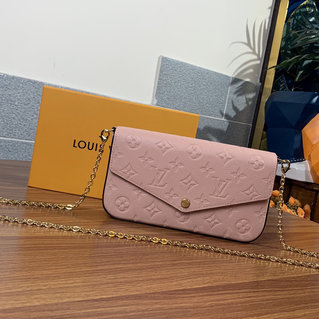 Louis Vuitton LV Pochette FeLicie Crossbody & Shoulder Bags Gold Pink Empreinte​ Cowhide Chains M64064