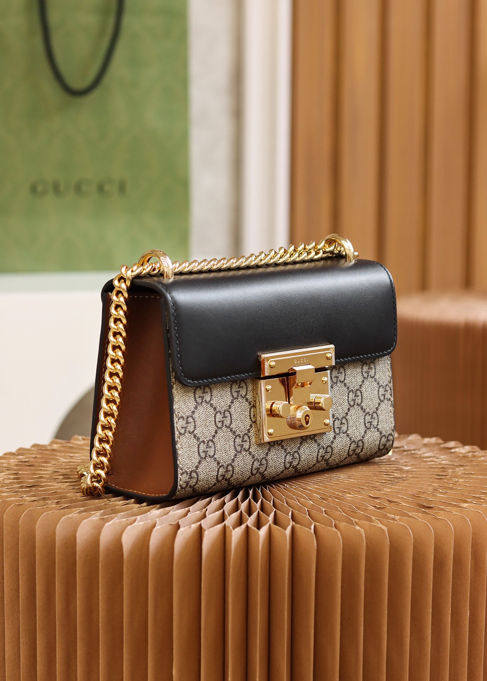 Gucci/古驰Padlock盒子包金属锁头方包拼皮GG单肩斜挎包409487