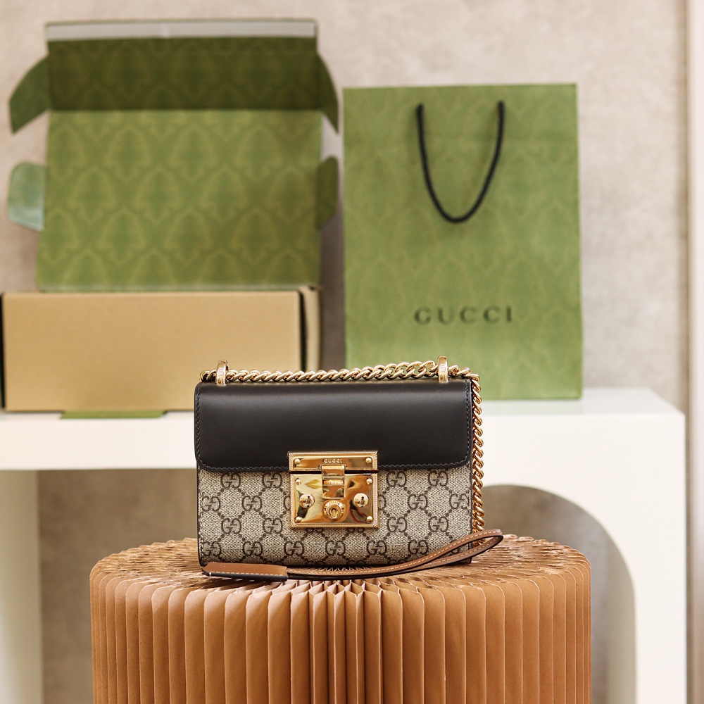 Gucci/古驰Padlock盒子包金属锁头方包拼皮GG单肩斜挎包409487