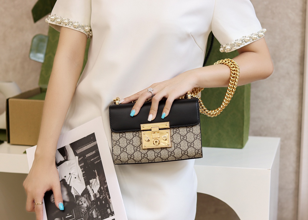 Gucci/古驰Padlock盒子包金属锁头方包拼皮GG单肩斜挎包409487