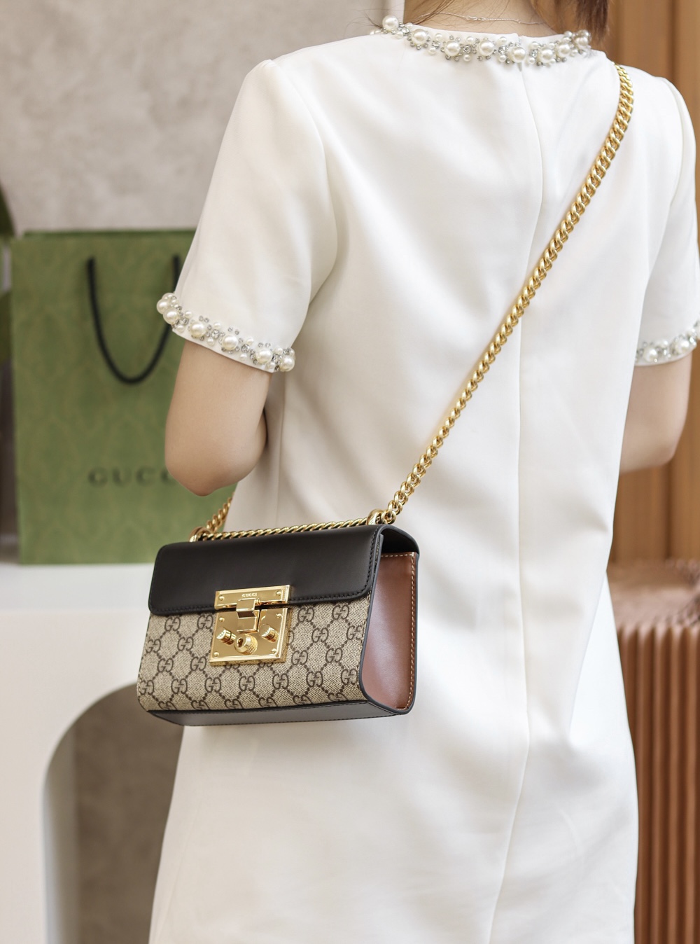 Gucci/古驰Padlock盒子包金属锁头方包拼皮GG单肩斜挎包409487