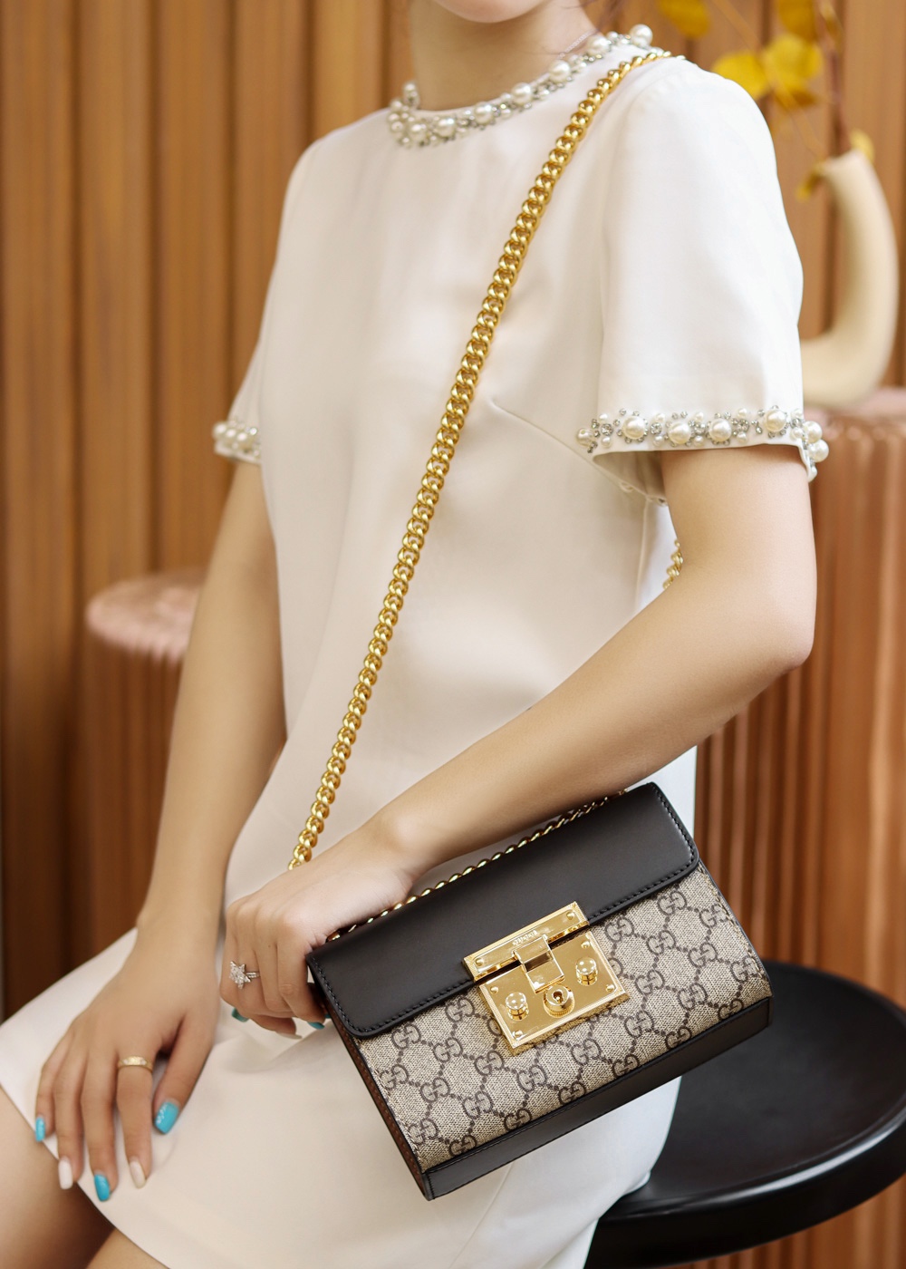 Gucci/古驰Padlock盒子包金属锁头方包拼皮GG单肩斜挎包409487