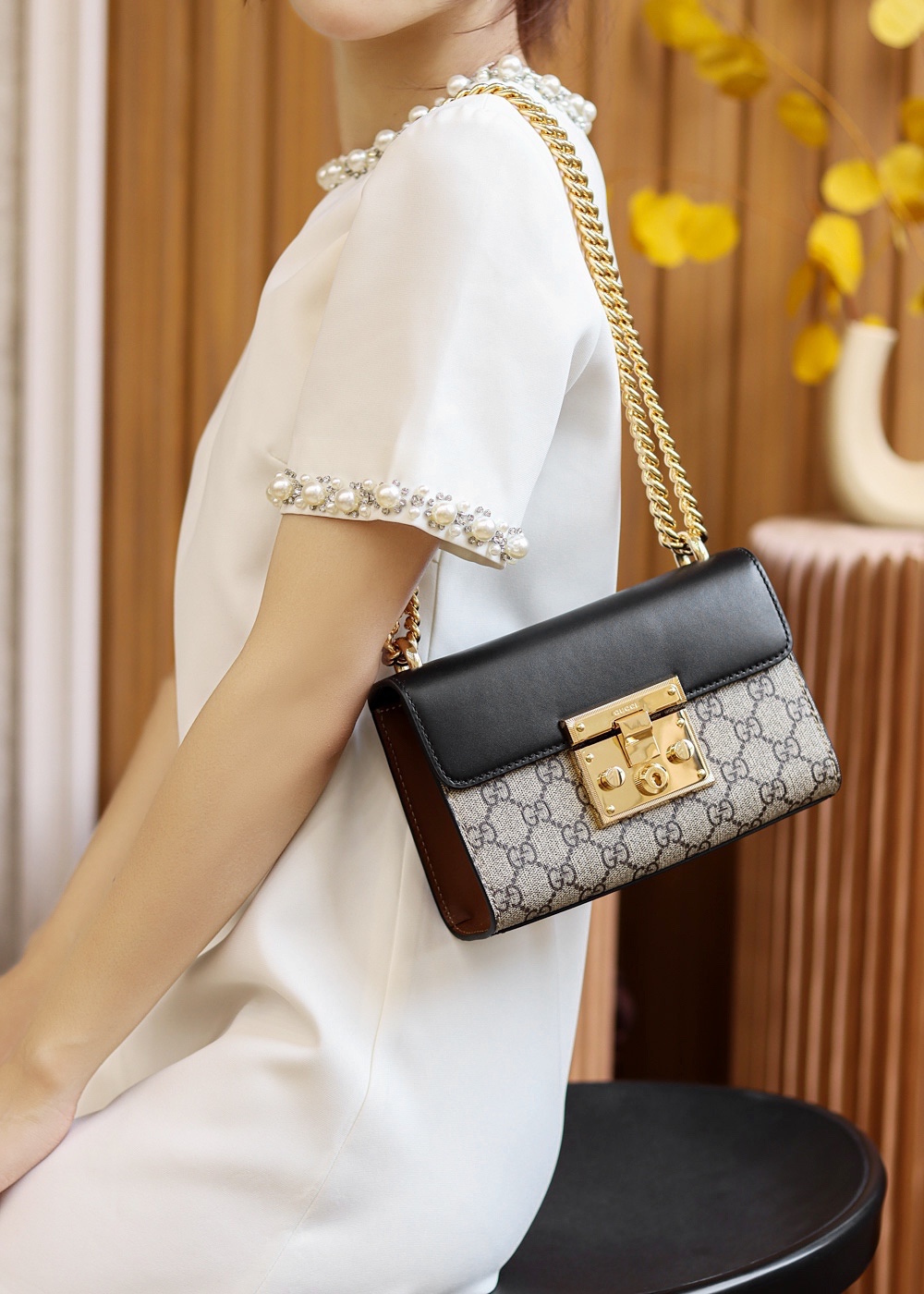 Gucci/古驰Padlock盒子包金属锁头方包拼皮GG单肩斜挎包409487