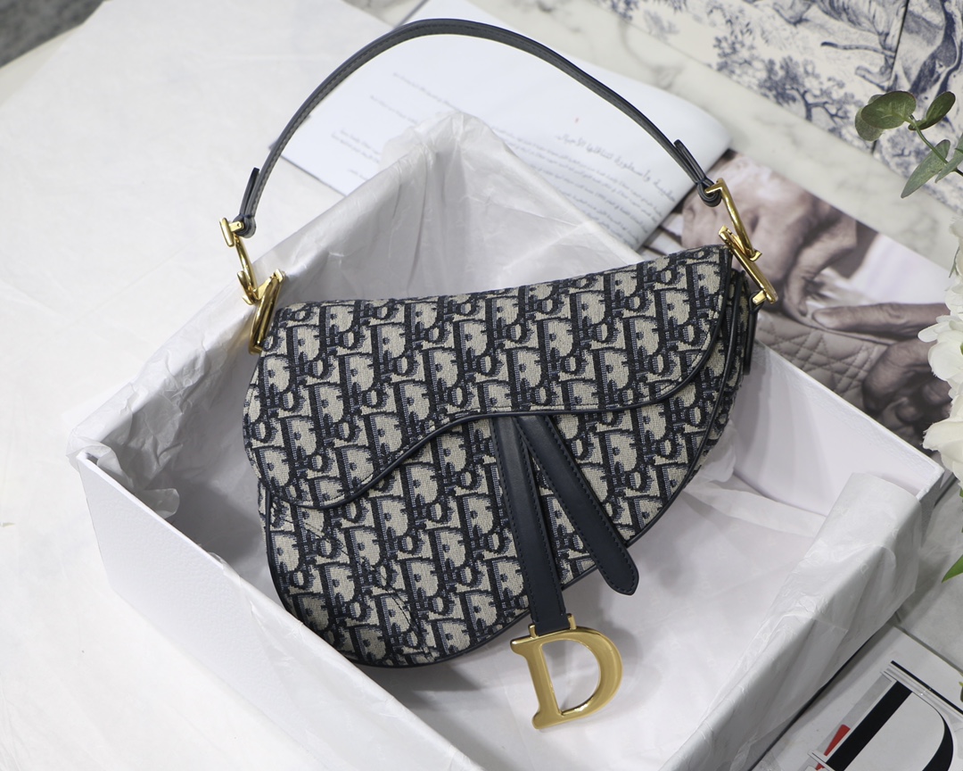Dior Saddle Bag Large Oblique Blue Canvas Handle