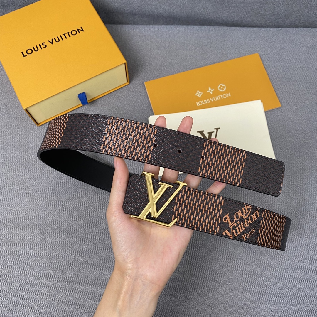 Louis Vuitton Belts Lattice Gold Hardware Calfskin Cowhide